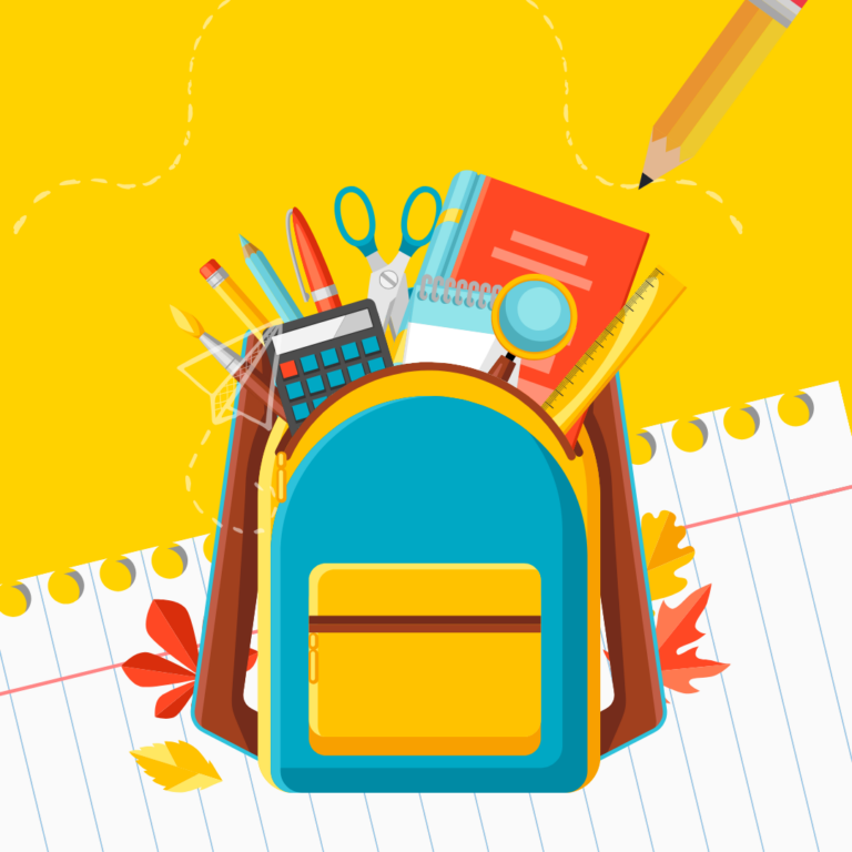 A backpack full of school supplies shown on a yellow background