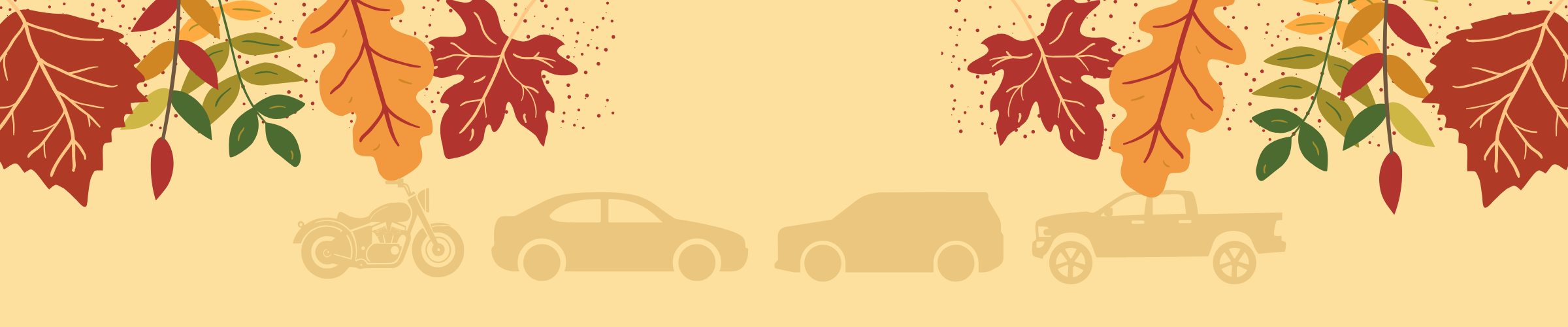 Banner image with yellow background, colored fall leaves, and vehicles to promote an auto loan special